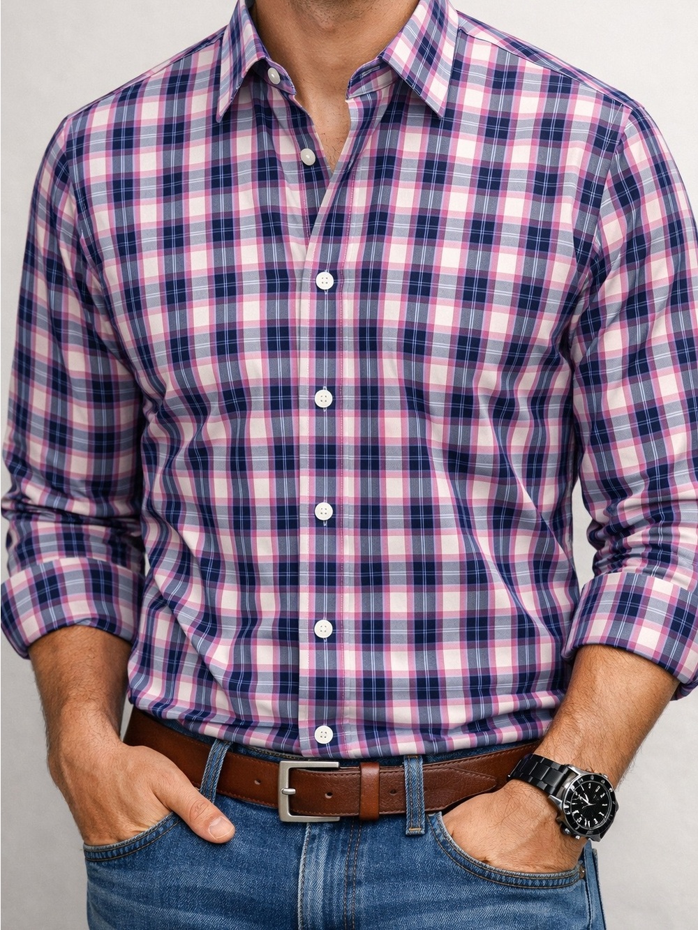 Fairlane Slim‑Fit Plaid Button‑Down Shirt – Size Large-Men’s.